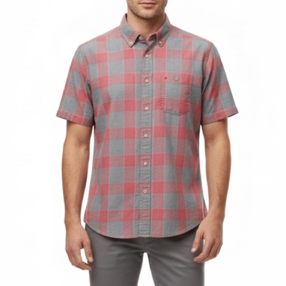 Tommy Hilfiger Mens Shirt Short Sleeve Button Down Red Grey Plaid Cotton Small